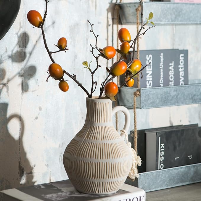 Mowtanco Rustic Ceramic Vase for Home Decor, Farmhouse Decorative Vases for Pampas Grass, Terracotta Vase with Tassel Design, Handle Flower Vase, Clay Vase for Living Room Decoration, 8 inch Tall