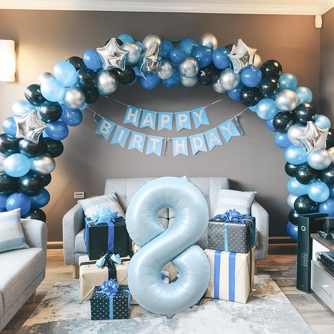 Foil 8 Balloon, Light Matte Blue Big Number 8 Balloons for Boys Birthday Party Decor, 40'' Mylar Helium Self Inflating Number 8 Pastel Baby Blue Balloon for 8th Birthday Party Anniversary Decorations