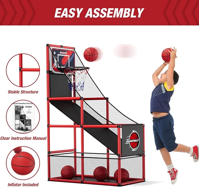 Basketball Arcade Game Indoor Outdoor, Kids Basketball Hoop with 4 Balls & Pump, Single Shot Basketball Game at Home, Carnival Games Sport Toys for Boys Girls Teens