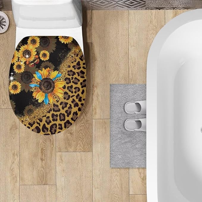 Leopard Print Toilet Seat Lid Cover Sunflower Toilet Seat Lid Covers with Elastic Band Leopard Print Round Toilet Lid Cover Universal Toilet Tank Cover Replacement