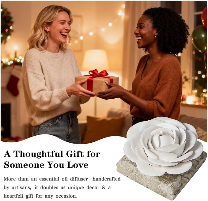 Ceramic Passive Essential Oil Diffuser, Aesthetic Desktop Handmade Flower & Concrete Base, Porcelain Aromatherapy Oils Diffuser for Home, Office, Yoga, Spa Room (White Camellia)