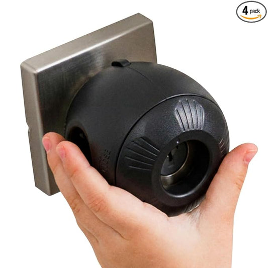 Child Safety Door Knob Cover (4 Pack) Hard-to-Remove Dual-Lock Door Handle Covers for Kids - Reusable Baby Proof Door Knob Locks - Installs Easily, No Tools Needed (Black)