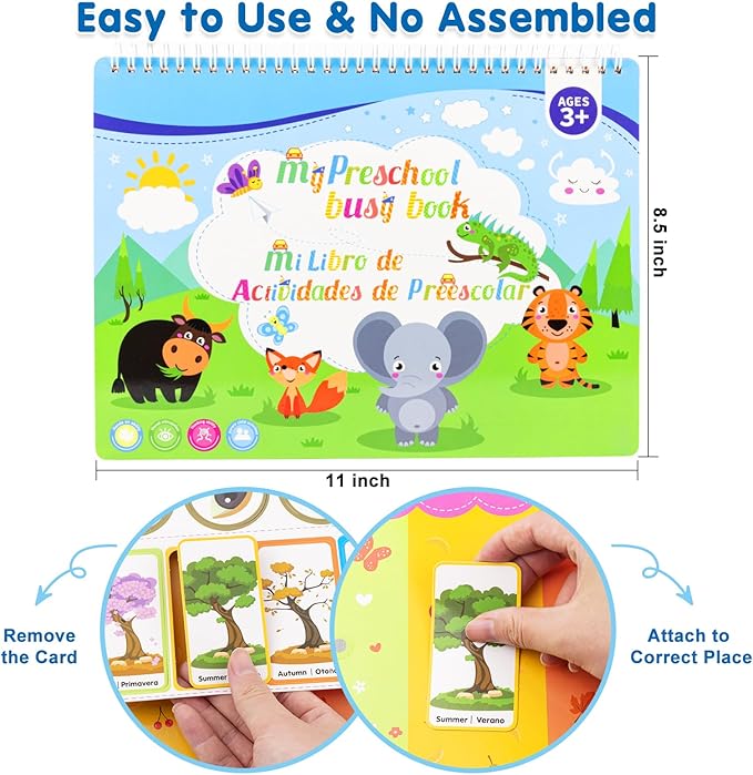 Ayyomo Spanish & English Busy Books for Toddlers, Bilingual Preschool Activity Book for 3 4 5 Year Old, Kids Easter Basket Stuffers, Interactive Educational Learning Activities Birthday Gifts