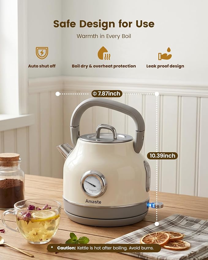 Amaste Electric Kettle, Retro Electric Tea Kettle With Thermometer, 57 Oz Hot Water Kettle For Coffee & Tea, 304 Stainless Steel, 1500w Fast Boiling, Auto Shut-Off & Boil Dry Protection, Cream White