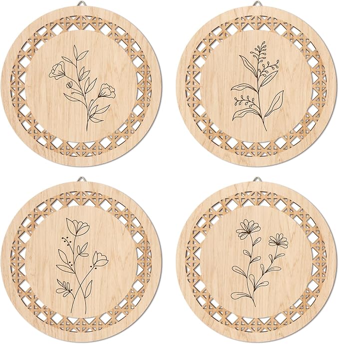 HPNIUB Minimalist Floral Wall Decor, Farmhouse Line Botanical Hanging Wooden Sign Wall Art, 4 Pieces 9.8''x9.8'' Aesthetic Flowers Leaf Wood Plaque, Modern Neutral Pictures for Living Room Office