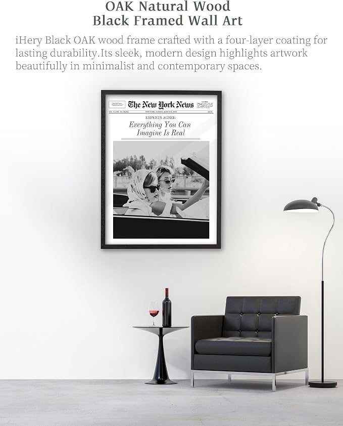 iHery 12x16in Everything You Can Imagine Is Real Framed Newspaper Art | Premium Black Natural OAK Wood Frame with Canvas Print, Vintage Girls Decor for Bedroom, Living Room, Dorm 1Pack