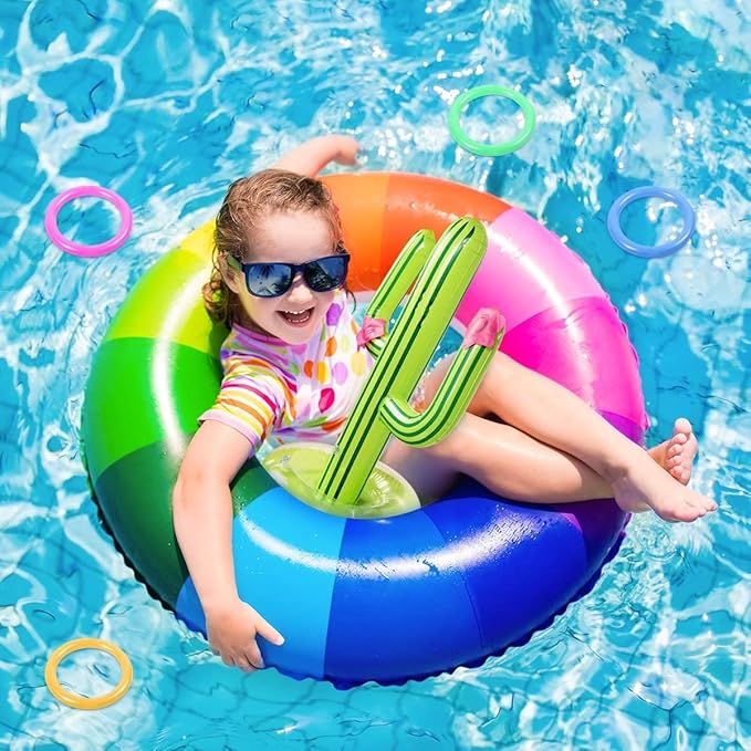 Inflatable Cactus Ring Toss Game Set Target Toss Floating Swimming Ring Toss Includes Cactus,4 Rings for Fiesta Party Accessories Hawaiian Pool Beach Party Decoration Supplies