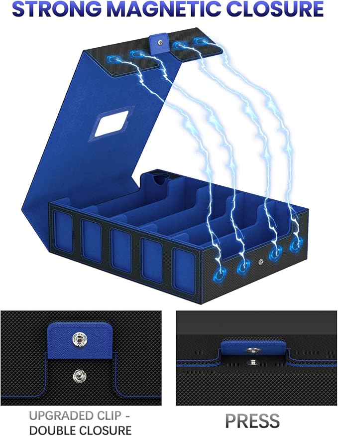 Trading Card Storage Box, 5 Row Card Deck Case with Commander Display & Portable Handle, 4200+ Card Deck Boxes Compatible for MTG TCG Magic Cards, 30 Divider, 8 Supporters, 1 Dice Tray (Black & Blue)