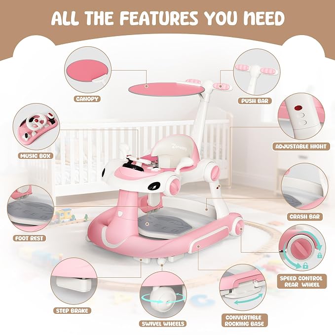 6 in 1 Foldable Baby Walker, Activity Baby Walker-Baby Bouncer, Rocker, Activity Center,Push Walker,Detachable Trampoline Mat, Adjustable Speed Rear Wheels and Height,Music & Lights,Ages 6-18 Months