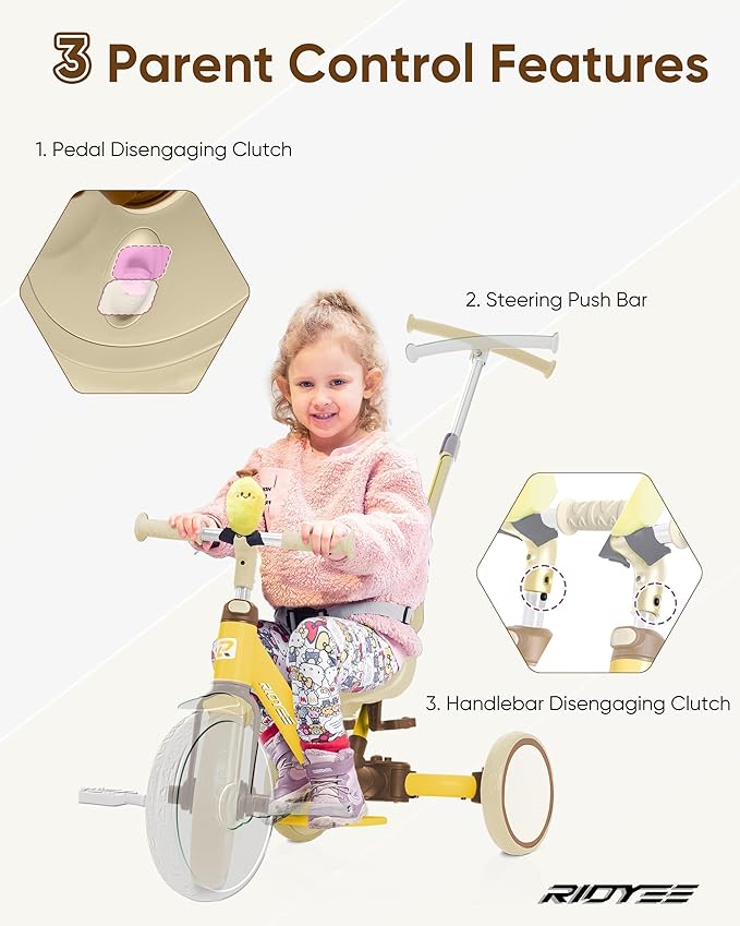 5-in-1 Toddler Tricycle for Ages 1.5–3, Parent Steering Push Trike, Tool-Free Convertible to Balance Bike, Safety Belt, Removable Backrest and Footrest, Ride-On Toy for Boys & Girls, Yellow