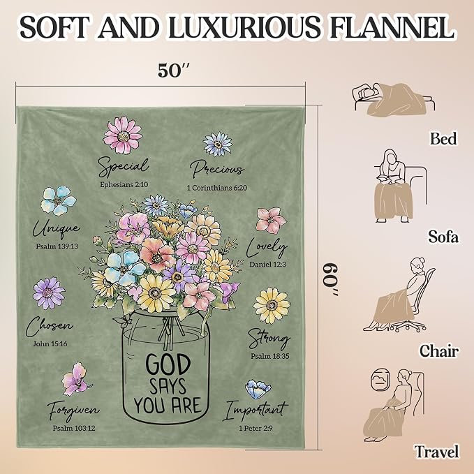 Christian Religious Gifts for Women, Birthday Gifts for Women Mom Sister | Christmas Baptism Confirmation Spiritual Gifts for Girl daughter Grandma, Throw Blankets with Flowers 60''x 50'', Sage Green