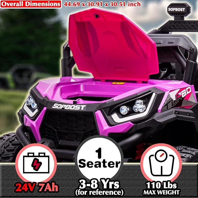 Sopbost 24V Premium 4x4 Ride On UTV for Kids with Remote Control, Electric Off-Road Truck with EVA Rubber Tires, 2WD/4WD Switch, Music & LED Lights, Battery Powered Car for Big Kids Ages 3–8 (Pink)