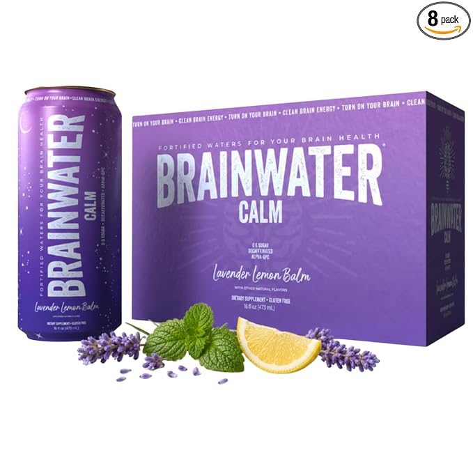 BrainJuice BrainWater Calm, Water for Clean Energy, Focus & Relaxation Support, Gluten Free, Zero Sugar Drinks with Ashwagandha, Alpha GPC, Vitamin C & B, Organic Green Tea, 8 Pack (Lavender Lemon)