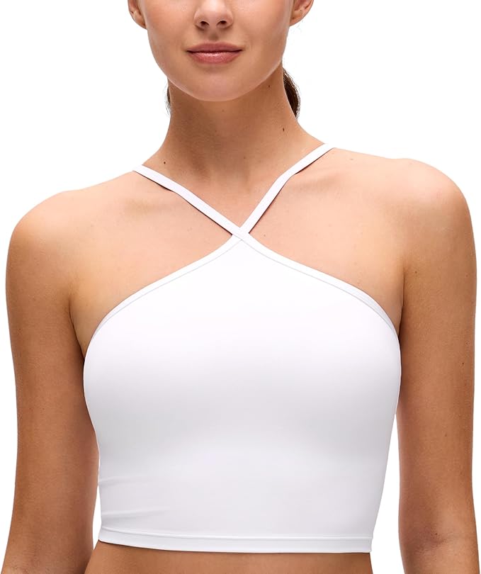 CRZ YOGA Butterluxe Cross Neck Crop Tank Tops for Women - Spaghetti Straps Square Back Padded Yoga Sports Bras