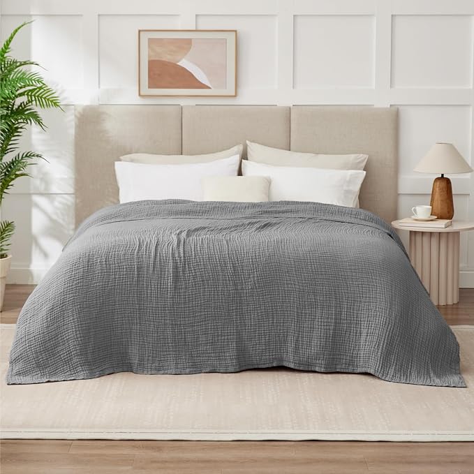 100% Cotton Muslin Blanket King 108" x 90", 6 Layers Breathable and Lightweight Cotton Throw Blanket for Bed, Soft Quilt Bedspread Coverlet, Gauze Blanket for Adults All Season, Grey