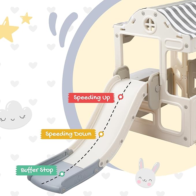 Miscoos 6-in-1 Kids Playground with Fairy House - Certified HDPE Toddler Slide and Swing Set, Adjustable, Safe Swing, Basketball Hoop, Game Table - Indoor/Outdoor Playset for Babies
