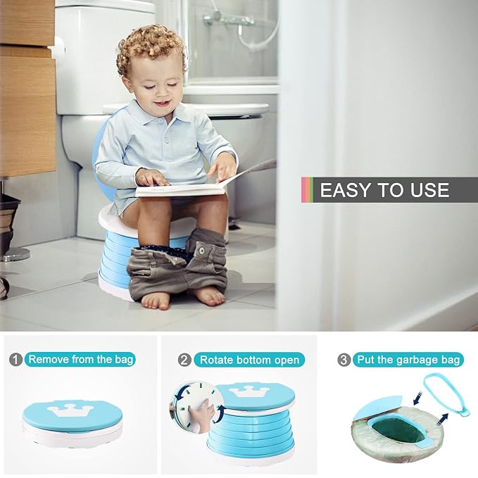 Travel Potty for Toddler, Portable and Foldable Toilet, Apply to Seat Emergency Toilet for Car, Camping, Outdoor, Indoor with 3 Rolls Bag（Light Blue)