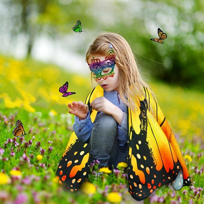 Kids Butterfly Wings Costume for Girls Fairy-Wings Toddler Dress Up Play Costumes Butterfly Skirt Set Mask Party Favors Gifts(Orange+skirt sets)