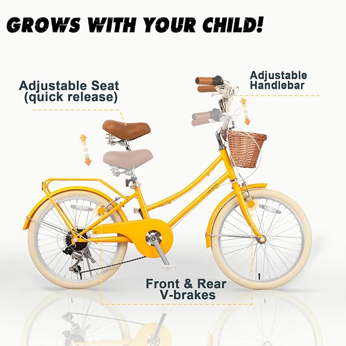 Glerc 20 24 26 Inch Beach Cruiser Bike, 6-Speed Hybrid City Bicycle for Girls Youth and Over 6 Years Old, Missy Bike with Wicker Basket & Lightweight, Multiple Colors