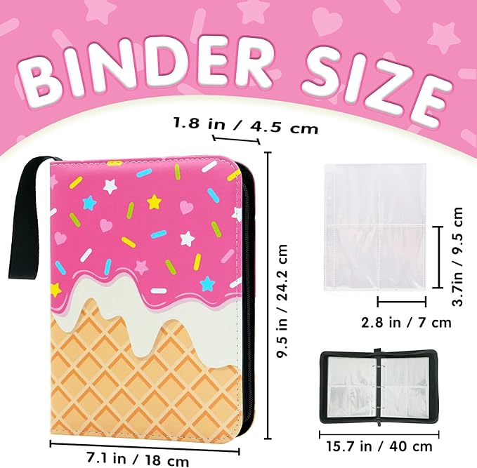 Cute Ice Cream Cake Card Binder for Girls, 400 Pocket Card Album Gifts, Ice Cream Donut Trading Game Card Holder Album for Standard Size Cards, Collectible Game Collection Case (PInk)
