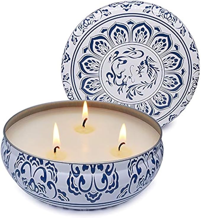 Citronella Candle Outdoor Large 3 Wick 13.5oz Soy Wax Candle with Lid in Blue and White Container for Patio Porch, 75 Hour Burn