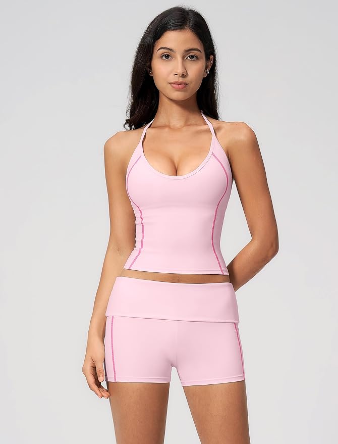 QBGJTD Women 2 Piece Workout Set Color Block Open Back Halter Top and High Waist Booty Lifting Shorts Yoga Outfit