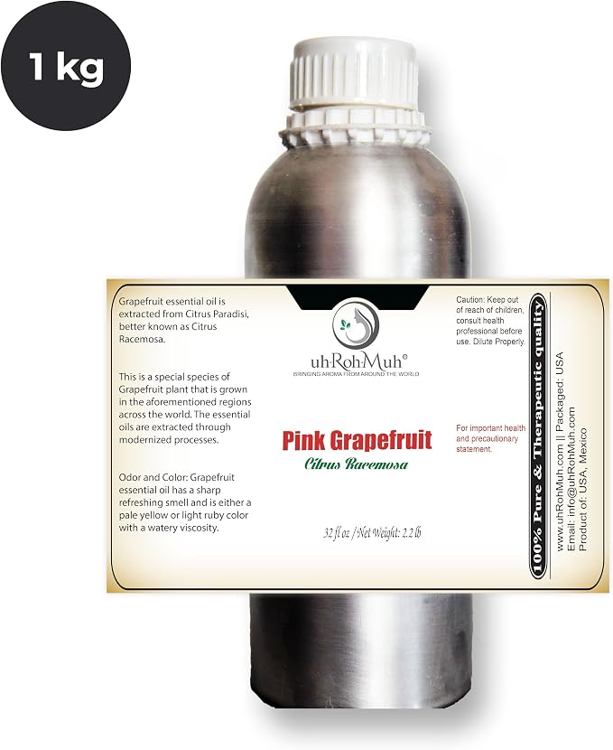 Pink Grapefruit Essential Oil Cold Pressed Citrus Paradisi Peel Oil Fresh Citrus Aroma Top Note Essential Oil for Aromatherapy Diffuser Skincare Haircare DIY Cosmetic Blends - 1 kg Net Wt. 1kg / 2.2lb