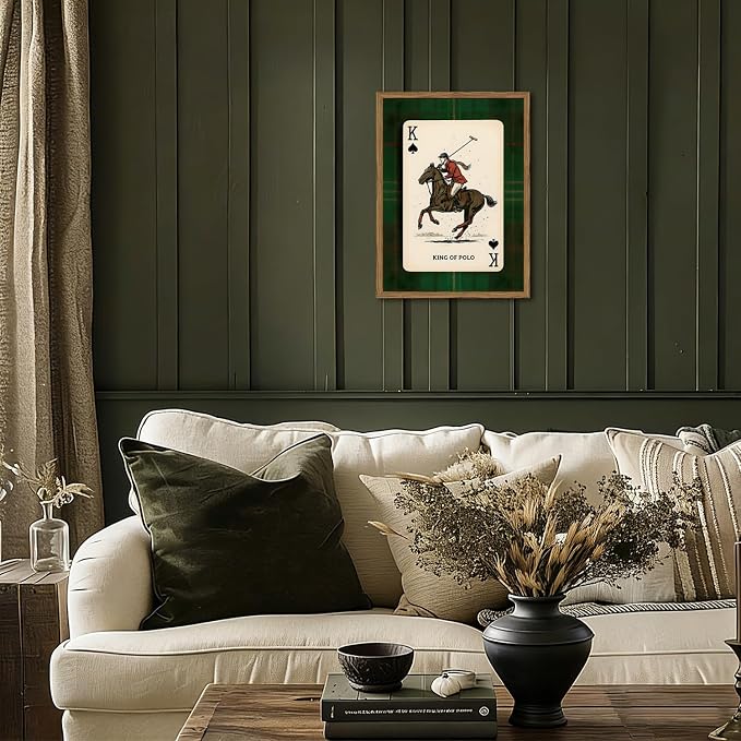 Vintage Equestrian Wall Art, King of Polo Wall Decor Painting Rustic Race Horse Sports Poster Canvas Prints Picture for Game Room Living Room Bedroom 12x16 inch Wood Framed