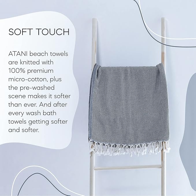 ATANI 69x35 in Oversized Turkish Beach Towel Set with Tote Bag – Quick-Dry 100% Turkish Cotton Peshtemal, Sand-Resistant, Lightweight for Shower, Travel, Pool, Yoga (Grey)