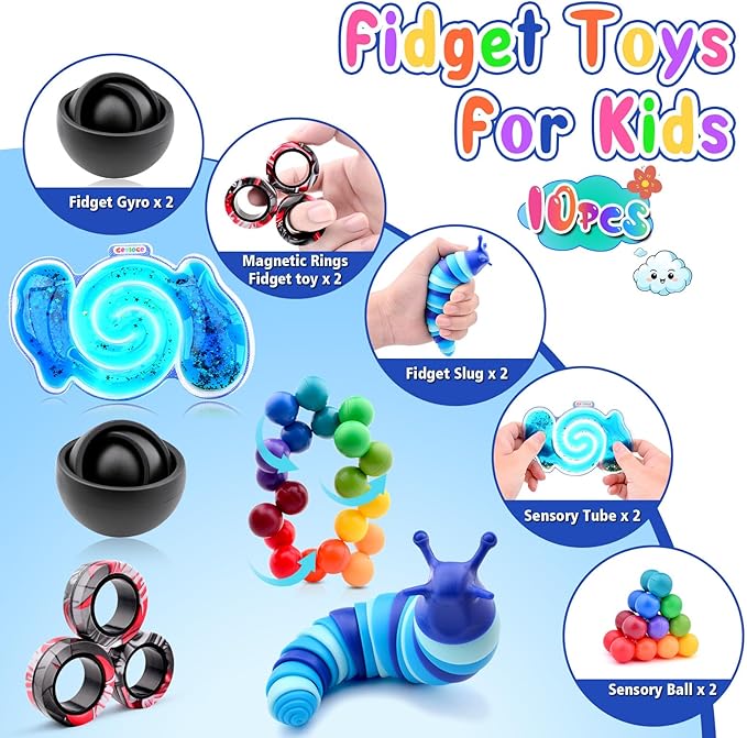 Cevioce 10Pcs Fidget Toys Adults Pack,Stocking Stuffers for Teens Boys Girls,Autism Sensory Toys with Fidget Spinner Slug Magnetic Rings,Squishy Fidget Toys ADHD Stress Relief,Party Favor for Kid-BB