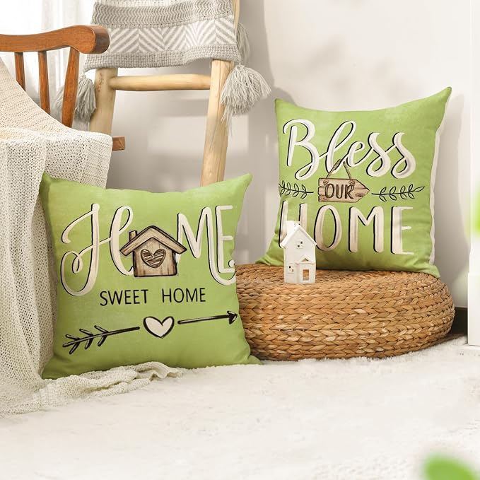 AVOIN colorlife Bless Our Home Eucalyptus Leaves Throw Pillow Covers, 18 x 18 Inch Spring Truck Cushion Case for Home Sofa Couch Set of 4