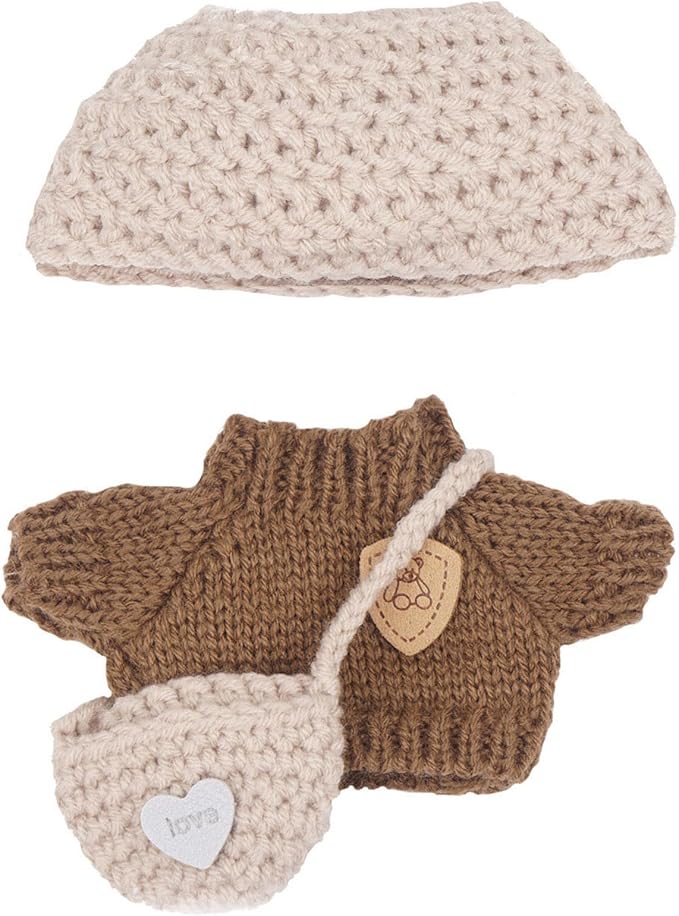 3-Piece Set 17cm Doll Clothes,Beige Knit Set,Light Brown Heart-Crossbody Bags + Light Brown Hat+Brown Knitted T-Shirt,Outfit Set for 17cm Dolls Knit with Warm Tones and Handmade Charm(NO Doll)