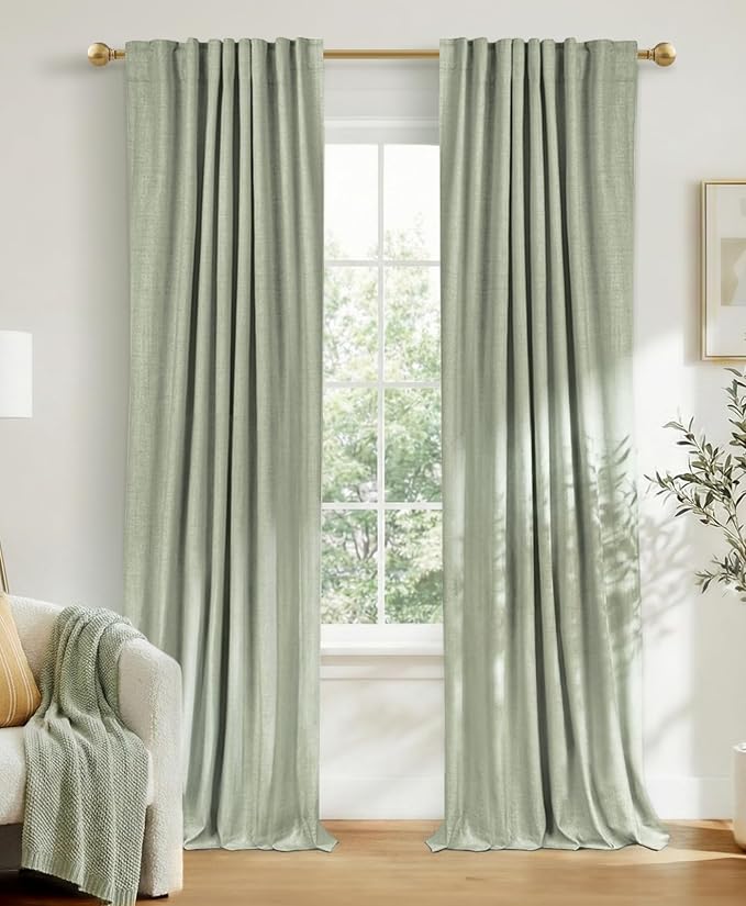 100% Blackout Shield Linen Blackout Curtains for Bedroom 84 Inches Long, Back Tab/Rod Pocket Living Room Drapes, Thermal Insulated Blackout Curtains 2 Panels Set, 50" W x 84" L,Sage Green
