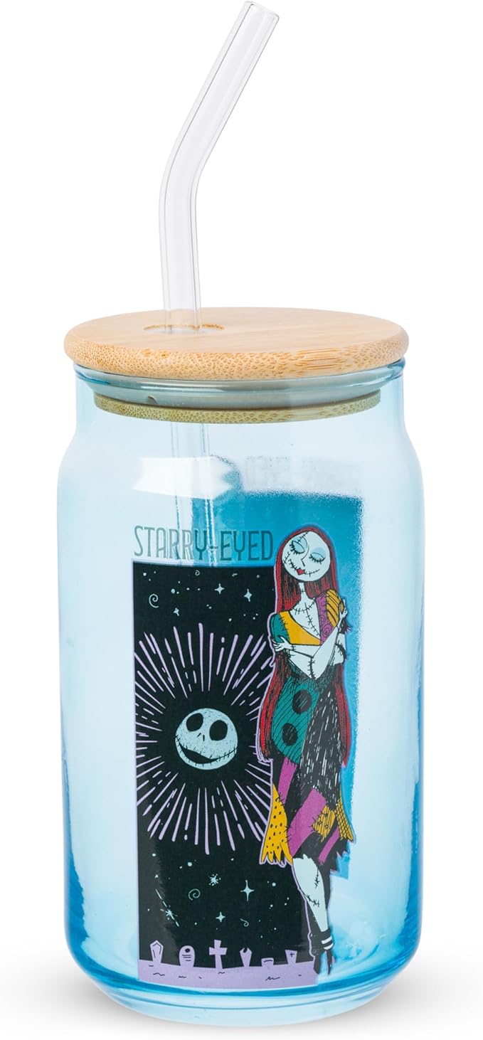 Silver Buffalo Disney Nightmare Before Christmas Starry-Eyed Featuring Jack Skellington and Sally Blue Glass Jar Tumbler with Bamboo Lid and Glass Straw, 16 Ounces