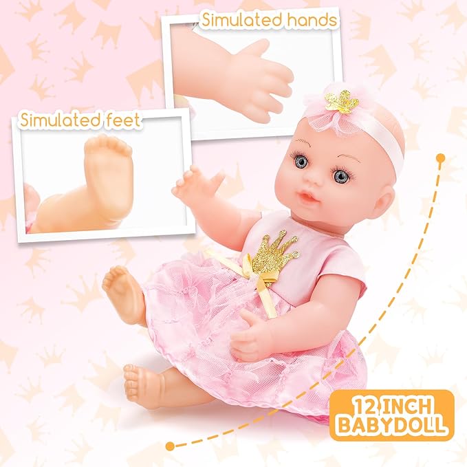 deAO Baby Doll Playset 12 Inch Baby Doll wirh Clothe and Accessories Baby Doll Carrier Storage Bag Balls Tent Toys, Pretend Play Birthday Gift for Kids Girls Boys, Collection