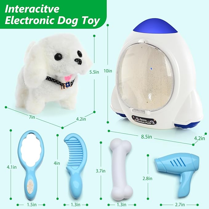 Electronic Interactive Plush Puppy - Battery Operated Mechanical Walking Little Pet Dog with a Cute Bag, Barking, Tail Wagging, Stretching Companion Animal for Toddlers & Kids (White)