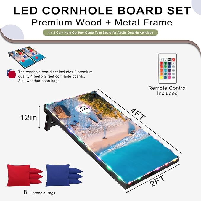 LED Cornhole Set, 3 x 2ft / 4 x2 ft Cornhole Board Game Set, Corn Hole Outdoor Game, Multi-Design with Light-Up Border, 8 Bean Bags, Carrying Case for Backyard, Beach, Lawn