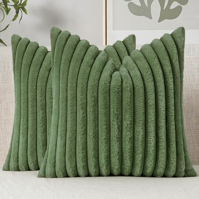 MIULEE Faux Fur Decorative Throw Pillow Covers 18x18 Set of 2 Moss Green | Modern Soft Plush Couch Pillows, Cozy Fluffy Cushion Covers for Sofa Bed Living Room Home Decor