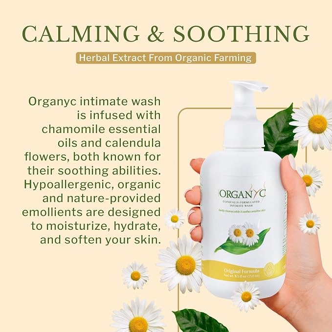Organyc Feminine Intimate Wash for Sensitive Skin with Chamomile, Free from Chlorine, Parabens, SLS/SLES, and Synthetic Perfumes 8.5 Fluid Ounce