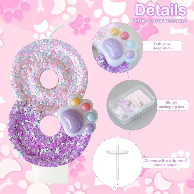 Pink Cat and Dog Paw Birthday Number Candles, Cupcake Decorations, Dog Theme Candles, Suitable for Party Celebrations, Birthday Decoration Supplies (Number 8)