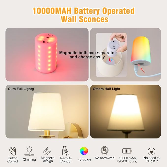 Battery Operated Wall Sconces set of Two,Wireless Wall Sconces with 10000mAh Dimmable Bulb and Remote,LED 15 Colors Rechargeable Gold Wall Sconce with Fabric for Bedroom Living Room Hallway Wall Decor