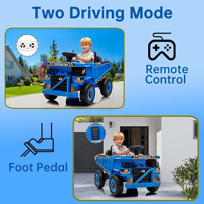 POSTACK 12V Ride On Construction Truck,Battery Powered Ride On Car with Remote Control, Kids Electric Vehicle with Shovel, Speaker, Bluetooth, Music,Boys Girls Gift, 3 Speeds,Blue