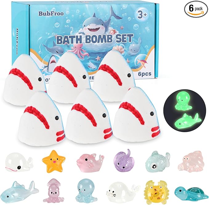 Bath Bombs for Kids, Organic Natural Shark Bath Bomb with Toys Inside, Boys Girls Bath Bomb with Surprise Inside, Bubble Bath Fizz for Kids, 6 Pack