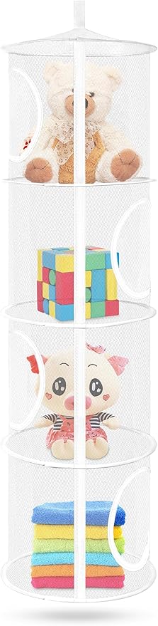 Toy Net Hammock for Stuffed Animals Net, Foldable Toy Storage Organizer 4 Compartments Net for Stuffed Animals Corner for Boys, Girls, Gloves, Hats, Socks（white）