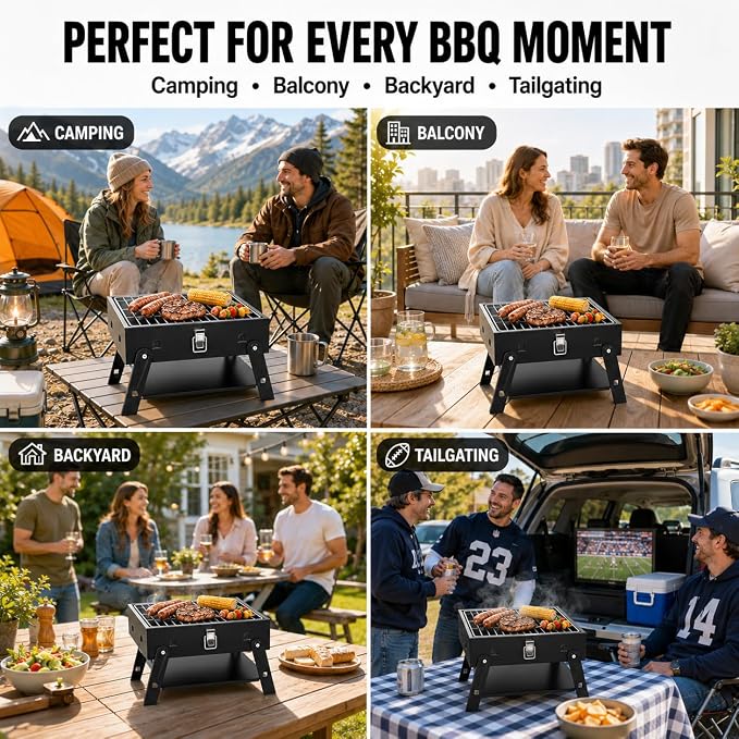 Small Portable BBQ Charcoal Grill: Mini Foldable Table Top Barbecue Grills | with Fire Starter Kit for Outdoor Cooking, Fathers Day Birthday Grilling Gift for Men Dad Husband