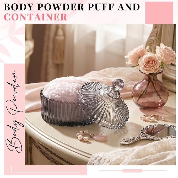 Tioncy 2 Pcs Extra Large Dusting Powder Puff and Container for Women-6'' Glass Crystal Dusting Powder Container with Body Soft Washable Reusable Velour Face(Gray,Classic)
