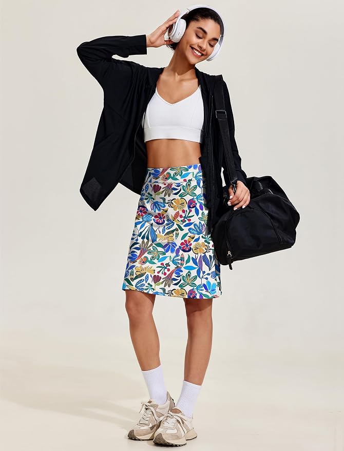 COOrun Women's 20" Knee Length Skirts High Waisted Golf Skorts with Pockets | Soft, Quick Dry, Split Hem, Built-in Shorts, A-line, Modest Skirts, for Golf Athletic Tennis Work Casual