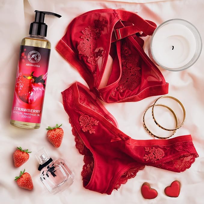 Sensual Massage Oil Strawberry 6.8 Fl Oz - Blend of Almond and Grapeseed Essential Oils - Edible & Kissable Massage Oil - Body Oil for Him & Her - for Couples - Gift - Relaxing Massage Oil
