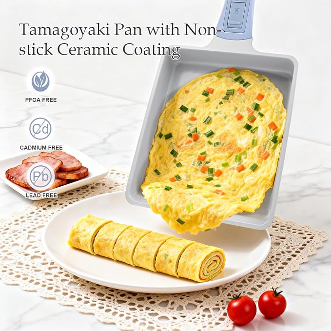 AIKENBBKK Tamagoyaki Japanese Omelette Pan, Japanese Egg Pan, Square Egg Pan Nonstick, Induction-Ready, Detachable Handle, with Silicone Spatula, PFAS & PFOA-Free, Oven Safe, Blue