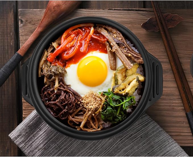Korean Stone Pot Set with Tray and Stainless Steel Spoon, Ceramic Bowl for Bibimbap and Soup, No Lid (1500 ML (50 OZ))